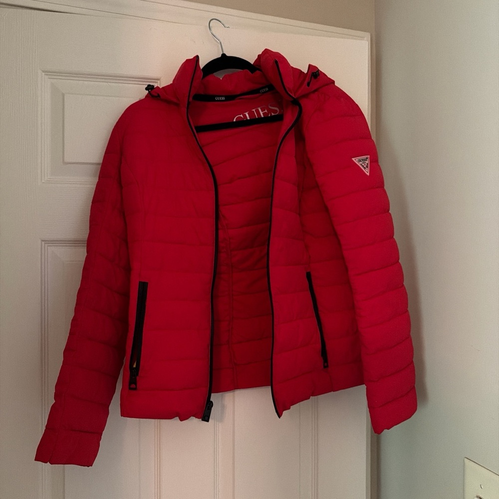 GUESS Red Quilted Hooded Puffer Jacket